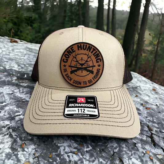 Gone Hunting Funny Fishing and Hunter Custom Leather Patch Hat