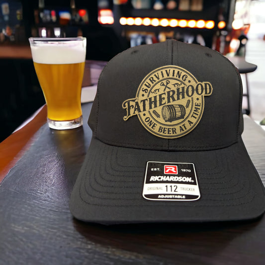 Surviving Fatherhood One Beer At A Time Custom Leather Patch Hat