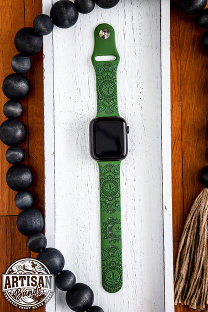Weed Mandala Engraved Apple Watch Band Series 1 2 3 4 5 6 7 8 9 SE SE2, Marijuana Custom Apple Band for 38mm 40mm 41mm 42mm 44mm 45mm