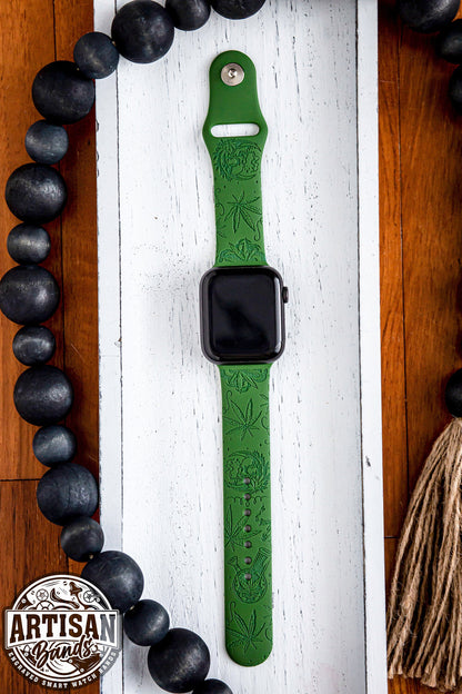 Weed Skull Engraved Apple Watch Band Series 1 2 3 4 5 6 7 8 9 SE SE2, Marijuana 420 Custom Apple Band for 38mm 40mm 41mm 42mm 44mm 45mm